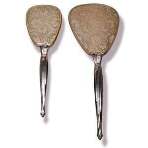 vintage art deco brass tone vanity brush and hand mirror floral flower deisgn